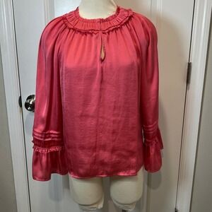 Vince Camuto Coral Pink Ruffle Neck Keyhole Blouse Long Sleeve Size Small
